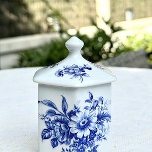 Peut inclure: Un petit pot en porcelaine blanche avec un motif floral bleu et blanc. Le pot a un couvercle avec un sommet pointu.