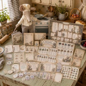 Op de afbeelding: Een verzameling miniatuur papierwaren, waaronder een kookboek, boodschappenlijstjes, menukaarten en een gids voor verzamelaars, uitgestald naast een pluche muis-chefkok met een witte muts en beige jas in een keukenomgeving.