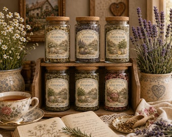 Pode incluir: Seis frascos de vidro transparente com tampas de cortiça num suporte de madeira, contendo ervas secas rotuladas como Chamomile, Lavender, Lemon Balm, Peppermint, Spearmint e Rose Petals, com ilustrações de conjuntos de chá.