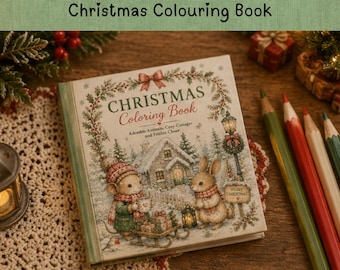 May include: A square coloring book titled Christmas Colouring Book featuring an illustration of a mouse and a rabbit in a snowy landscape with a house, a lantern, and a sled. The cover includes the text Adorable Animals, Cosy Cottages and Festive Cheer.