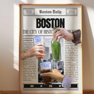 sztuka ścienna boston, plakat gazety cheers, wydruk koktajli, sztuka alkoholowa, zmieniona sztuka, dekoracja dopaminowa, grafika boston, artykuł w wiadomościach boston