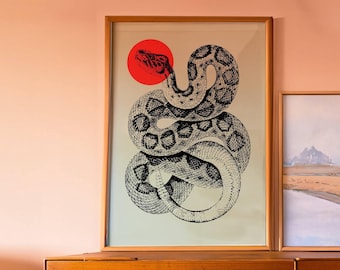 May include: A framed print of a black and white illustration of a snake coiled around a red circle on a light green background. The print is hanging on a wall above a wooden dresser.