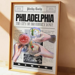 Arte mural de Filadelfia, póster del periódico Cheers, impresión de cócteles, arte con alcohol, arte alterado, decoración de dopamina, arte de Filadelfia
