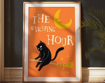 witch cat halloween poster, cute halloween themed cat wall art, witching hour print, black cat illustration