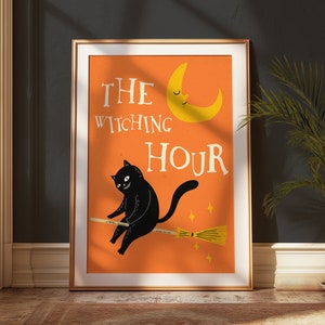 witch cat halloween poster, cute halloween themed cat wall art, witching hour print, black cat illustration