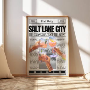 Sztuka ścienna Salt Lake City, plakat z gazety Cheers, wydruk koktajli, sztuka alkoholowa, zmieniona sztuka, wystrój dopaminy, sztuka artykułu z wiadomościami z Utah