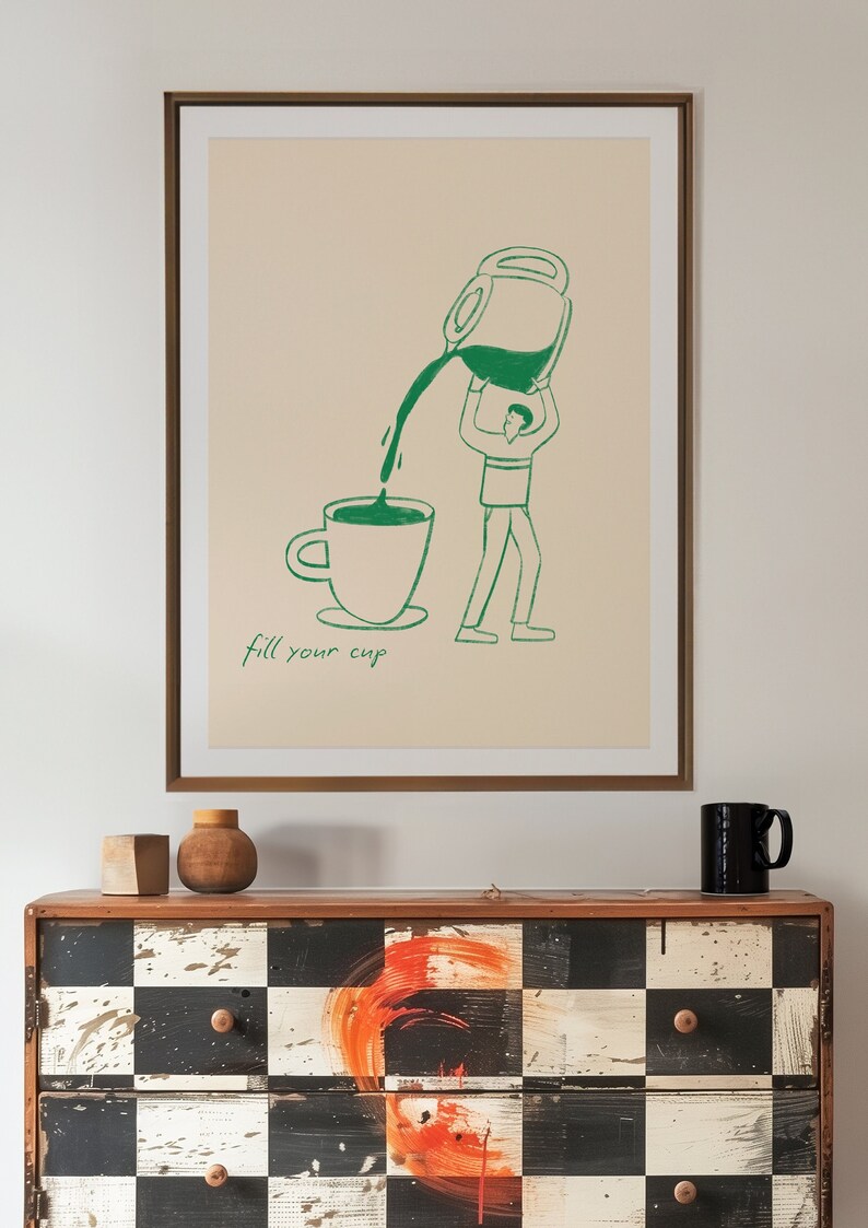 Póster de café, ilustración surrealista, arte de pared para una estación de café, regalo para amantes del café, póster de cafeína simple, decoración minimalista imagen 2