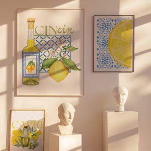 zestaw wydruków capri, limoncello alkohol na ścianę, plakaty na wózek barowy, wydruk oliwy z oliwek w kuchni, plakat cheers cin cin, wydruk płytek majolikowych