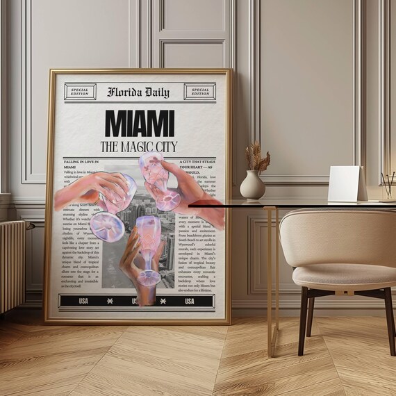 miami wall art, cheers poster, cocktails print, alcohol art, altered art, dopamine decor, florida poster, statement print, newspaper print