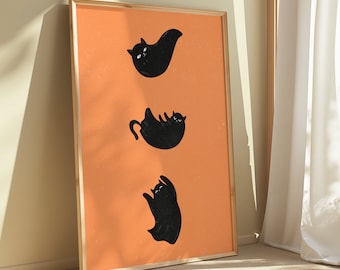 Minimalist Halloween Black Cat Ghosts Art Print (Digital Download)