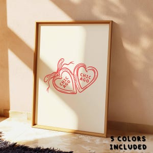 Arte de pared de Chicago, impresión de medallón de corazón, póster de amor en Chicago, decoración de dopamina, arte del estado de Illinois, póster de arte lineal, arte de medallón de moño coqueto