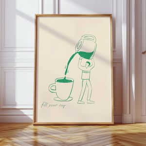 Kaffee Poster, surrealistische Illustration, Kunst für eine Kaffeestation, Geschenk für Kaffeeliebhaber, einfaches Koffein Poster, minimalistisches Dekor