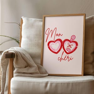 mon cheri french quote poster, trendy prints, coquette dorm room decor, girly posters, gift for girlfriend, fruity cherry wall art