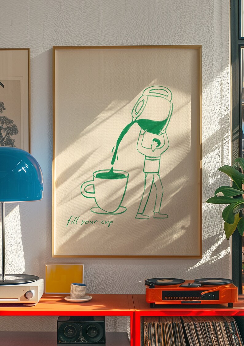 Puede incluir: Una ilustraci&oacute;n enmarcada de una persona vertiendo l&iacute;quido de una taza grande a una taza m&aacute;s peque&ntilde;a. La ilustraci&oacute;n es en verde y blanco y tiene el texto "fill your cup" debajo de la imagen.