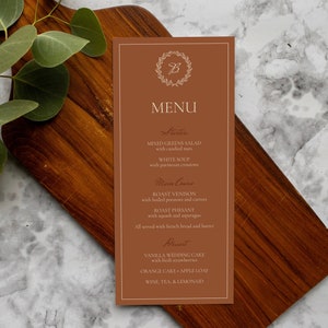 Hochzeitsmenüvorlage Klassisches Monogramm Initial Menu Card Bearbeitbare und herunterladbare Hochzeitskarte Menüvorlage Teil der Reihe Templett #WRTH