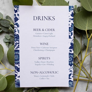 Blue Floral Drink Menu Wedding Sign Template | Editable Chinoiserie Blue White Bar Sign | Printable Wedding Menu | Instant Download #BFLW