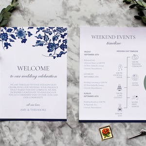 Plantilla de tarjeta de cronograma de fin de semana de bodas con flores azules y blancas Plantilla de orden de eventos de fin de semana editable y tarjeta de bienvenida Templett #BFLW