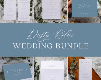 May include: A collection of dusty blue wedding stationery, including invitations, menus, and thank you cards. The text "Dusty Blue WEDDING BUNDLE" is displayed prominently. Eucalyptus sprigs and other decorative elements are also present.