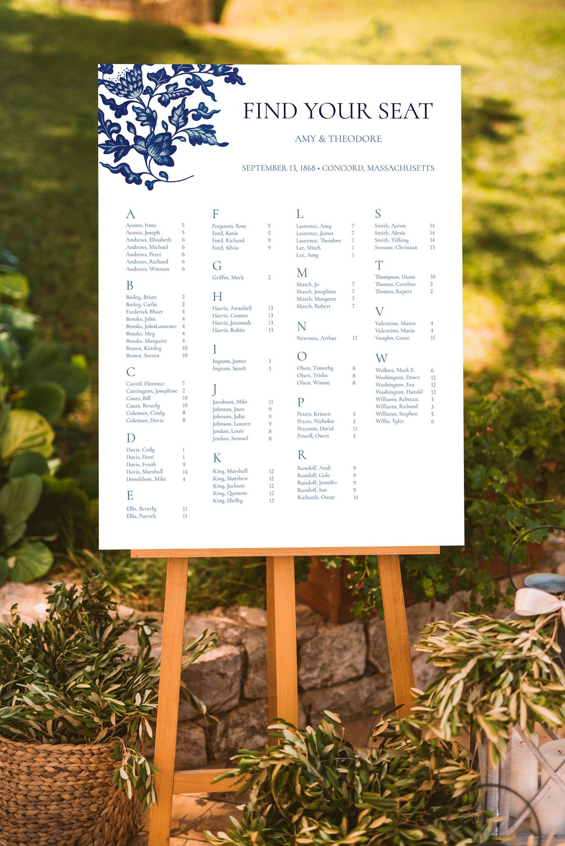 Alphabetical Seating Chart Sign Wedding Template Flower Blue and White ...