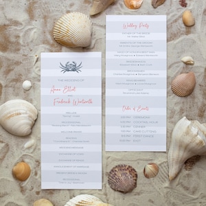 May include: A wedding program with a gray and white striped background and a crab illustration. The program lists the wedding party, order of events, and ceremony details. The text includes the names Anne Ellist and Frederick Wentworth.