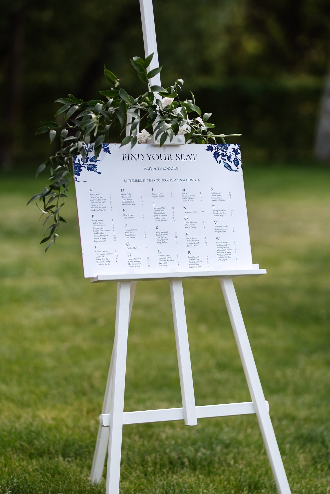 Alphabetical Seating Chart Sign Wedding Template Flower Blue and White ...