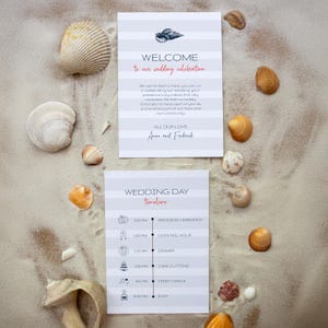 de carte de correspondance de bienvenue et chronologie du jour du mariage côtier | Ensemble de mariage de plage nautique | Suite de modèles modifiables et imprimables à télécharger #BHFM