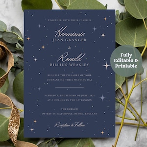 Mall för himmelskt bröllopsinbjudan • Elegant design med blå stjärna natt • Kosmisk bröllopssvit (digital nedladdning) #STAR