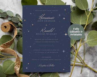 May include: A navy blue wedding invitation with a starry night design. The invitation includes the names Hermione Jean Granger and Ronald Billius Weasley, along with the wedding date and location. The text "Fully Editable & Printable" is also visible.