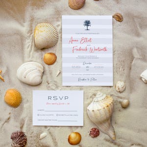 Suite de modèles de faire-part de mariage côtier | Faire-part rayé classique + RSVP | Ensemble de mariage de plage nautique | Modèle d'invitation imprimable #BHFM