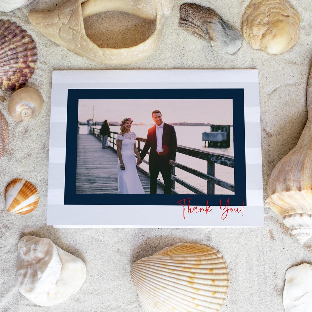 Nautical Wedding Thank You Card Template | Coastal Stripe Design ...