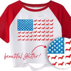 May include: White and red raglan t-shirt featuring a design of the American flag. The flag's stars are blue glitter, and the stripes are red dachshunds. The words "beautiful Glitter!" are written in red script.