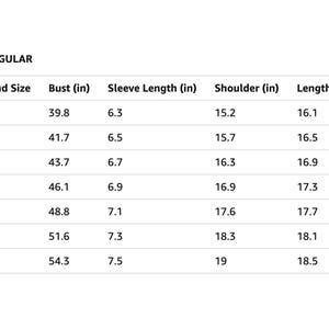 May include: A white chart displays US REGULAR sizing information. The chart includes brand sizes XS to 3XL, with measurements for bust, sleeve length, shoulder, and length in inches. The bust measurements range from 101.1 to 138 cm.