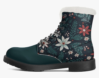 Christmas Leather Boots, Fur Lined Christmas Boots, Holiday Boots, Fleece Lined Boots