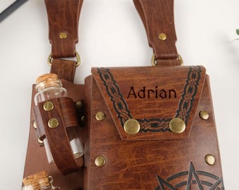 Personalized Medieval Renaissance Belt Bag, Medieval Costume Accessories Belt Bag, PU Leather Belt Bag with Bottle,Pirate Costume Coin Purse