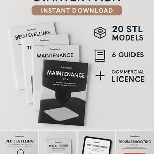 Può includere: Un pacchetto iniziale per la stampa 3D con il testo "3D PRINTING STARTER PACK INSTANT DOWNLOAD". Include 20 modelli STL, 6 guide e una licenza commerciale. Il pacchetto presenta guide su livellamento del letto, manutenzione e risoluzione dei problemi.