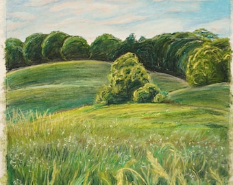 Original Pastel Landscape Painting: Summer Meadow A2 (Framed)