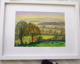 Shropshire Hills in October – Original Soft Pastel Landscape | Autumn Countryside A4 Artwork