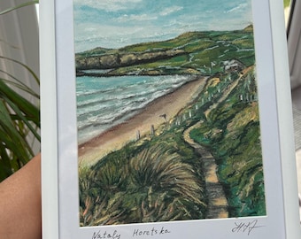 Coastal Path and Beach – Original Pastel Landscape, A5 Seaside Wall Art
