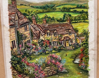 Oprawiony obraz „Rozkwitający angielski wiejski domek” – oryginalny pastelowy pejzaż