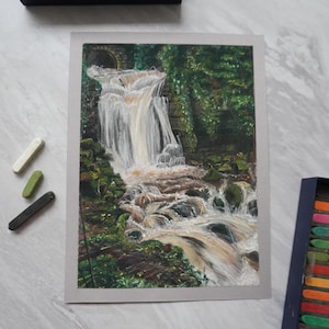Wensley Waterfall -  Original Pastel Landscape – Soft Pastel Art – Wall Decor