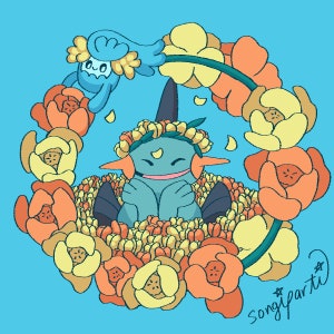 May include: A blue creature with a yellow crown sits in a wreath of orange and yellow flowers. The creature has a crescent moon on its forehead and is smiling. The text "songparti" is written in the bottom right corner of the image.