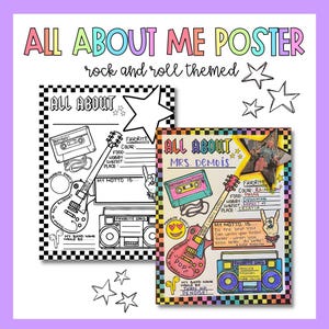 K&ouml;nnte beinhalten: Ein druckbarer "Alles &uuml;ber mich"-Poster im Rock'n'Roll-Stil. Das Poster zeigt ein Kassettenband, eine Gitarre und eine Boombox. Das Poster ist so konzipiert, dass Kinder ihre Lieblingsdinge eintragen k&ouml;nnen, wie ihre Lieblingsfarbe, ihr Lieblingsessen, ihr Hobby und ihr Lieblingsfach. Das Poster bietet auch Platz f&uuml;r ein Foto und ein Motto.