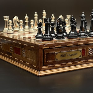 Premium Handmade Chess Set, Wooden Chess Board with Storage Metal Chess Pieces, Decorative Chess Set, Chess Set Handmade, Home Decor Chess
