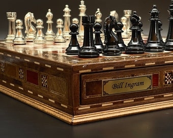 Handmade Wooden Chess Set with Metal Pieces and Storage, Personalized Gift