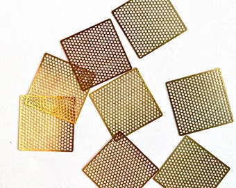 20 raw brass die cut charm in square mesh 35 mm each side