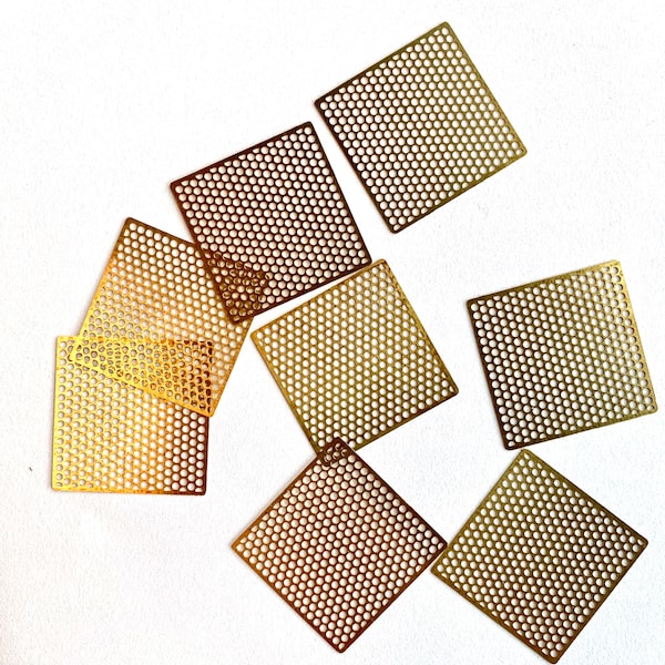 20 raw brass die cut charm in square mesh 35 mm each side