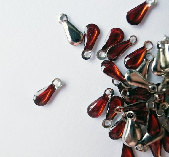 50 hand made clear ruby poly resin epoxy drop on silver tone metal 6.5mm