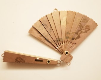 6 pcs of vintage brass folding fan charm rare bird phoenix different engraving on both sides hinge 40 x 50mm open large size