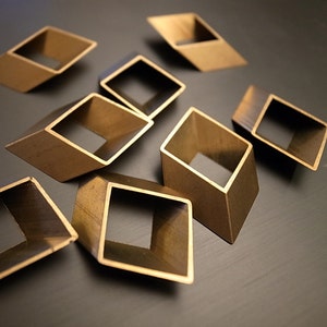 6 pieces of vintage old stock cut raw brass tube charm in rhombus  3d square geometric shape 34x21mm