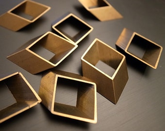 6 pieces of vintage old stock cut raw brass tube charm in rhombus  3d square geometric shape 34x21mm